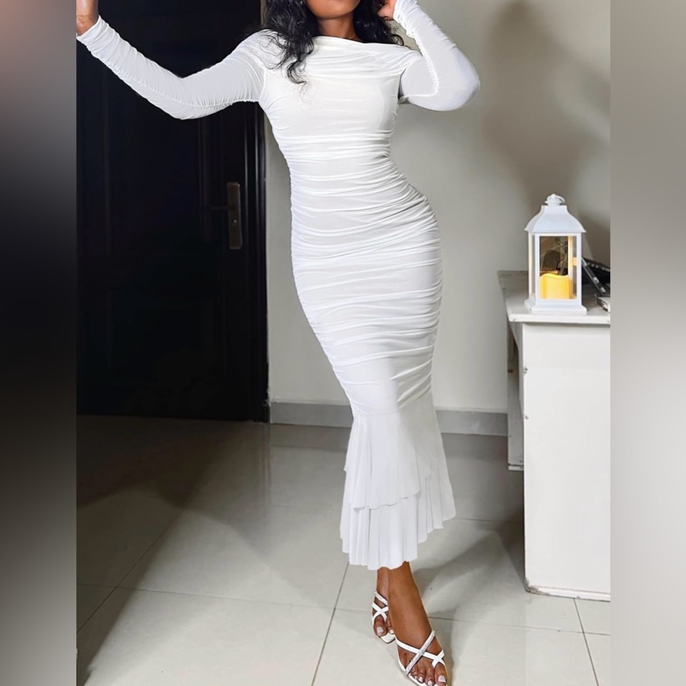 Long Sleeve White Ruched Midi Dress with Tiered Hem - Picture 3 of 4